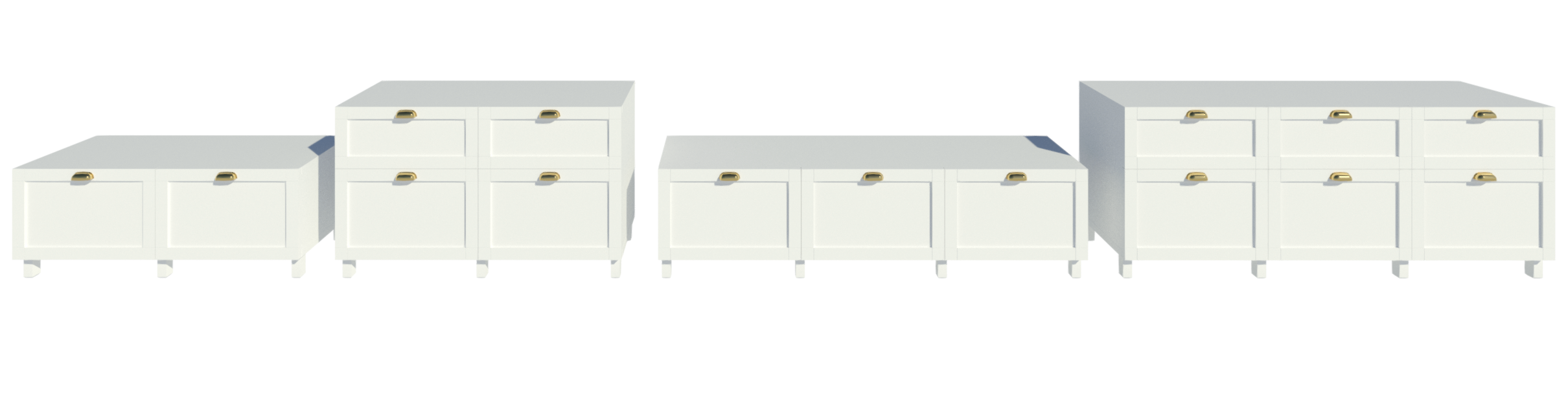 Revit render of 4 differently sized Besta TV Unit cupboards with white SMEVIKEN front panels, brass ENERYDA cup handles and an white top panel.
